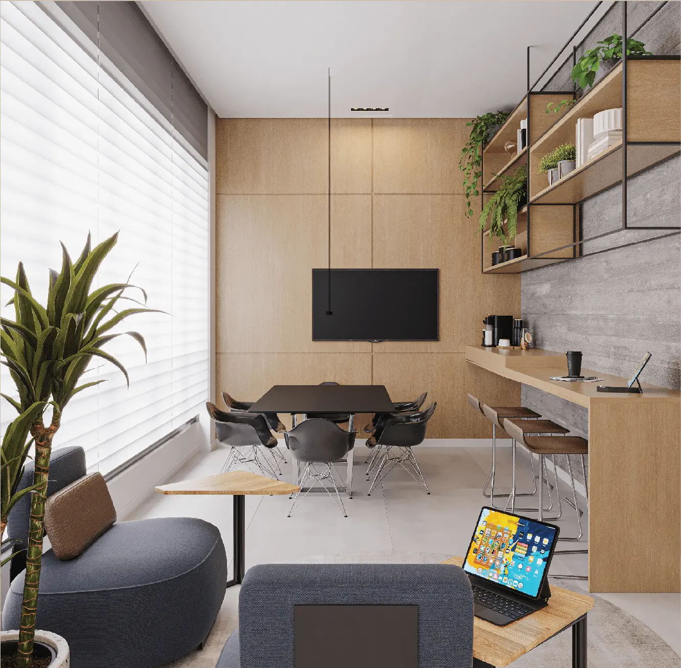 Coworking do Sangiovese — trabalho e reuniões com luz natural (perspectiva artística)