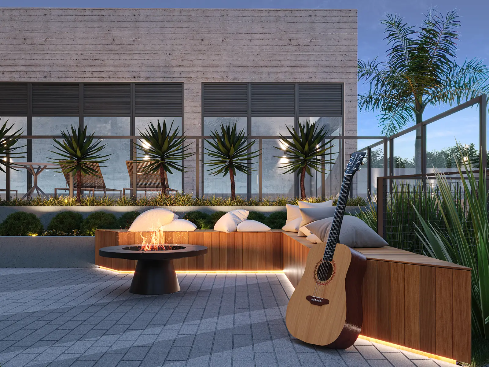 Fire place do Sangiovese — lounge externo com lareira ecológica (perspectiva artística)