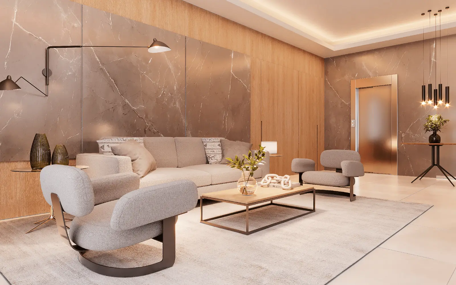 Hall de entrada do Sangiovese — lounge com mármore e painel em madeira (perspectiva artística)