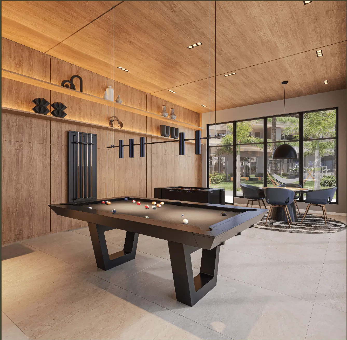 Sala de jogos do Sangiovese — sinuca e acabamentos em madeira (perspectiva artística)