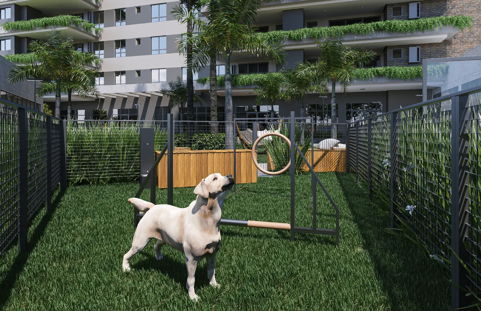 Pet place do Sangiovese — gramado com brinquedos de agilidade (perspectiva artística)