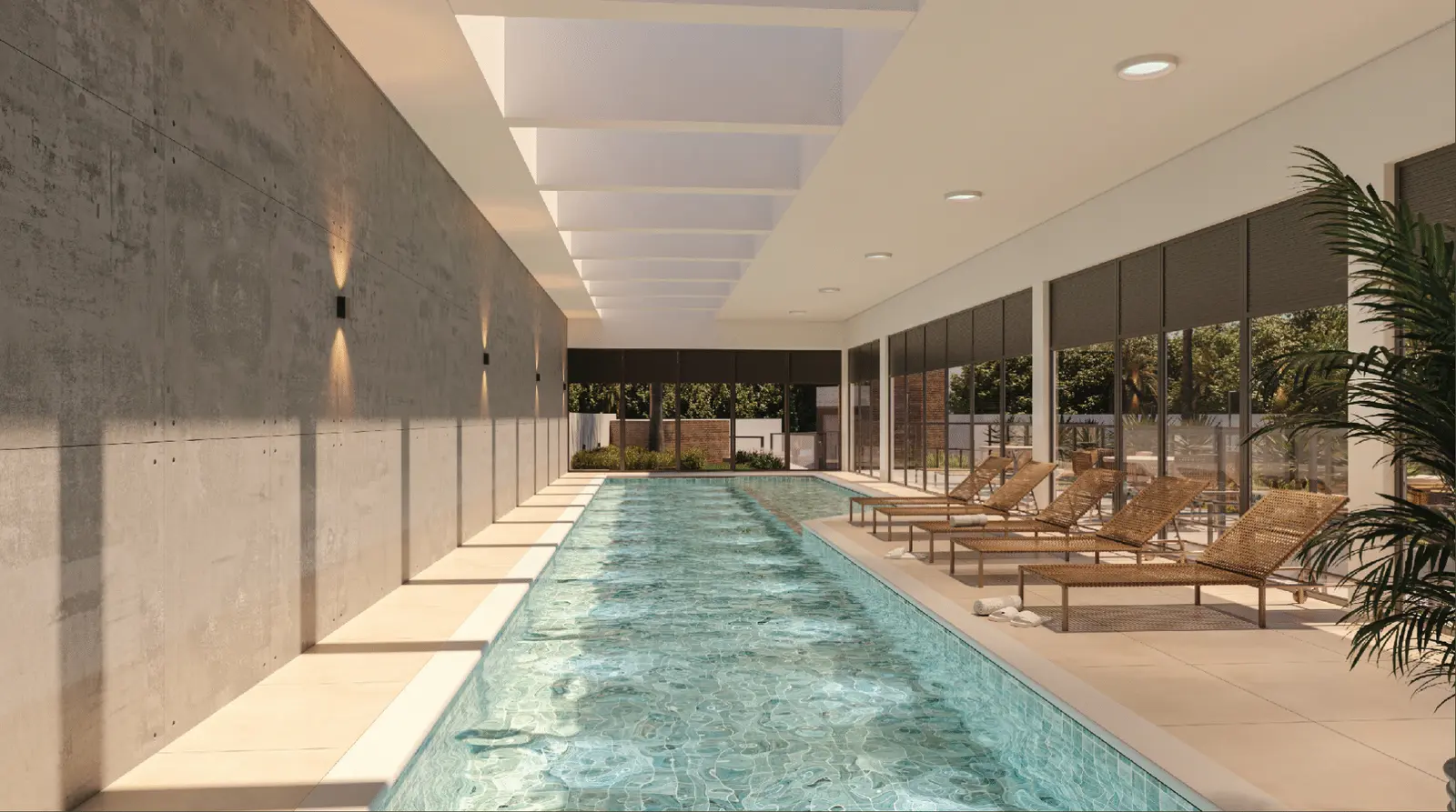 Piscina coberta do Sangiovese — aquecida, com espreguiçadeiras (perspectiva artística)